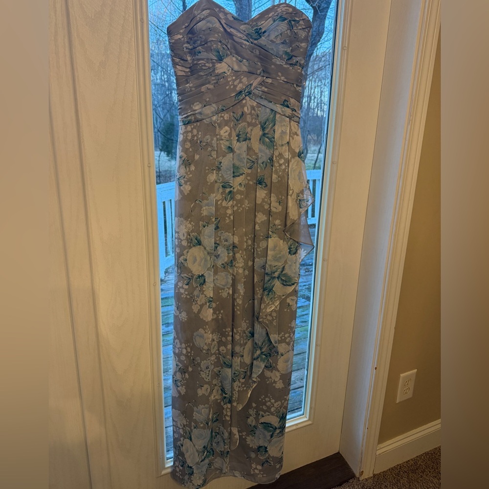 David's Bridal Strapless Dress with Blue and Gray Floral Pattern Size 8